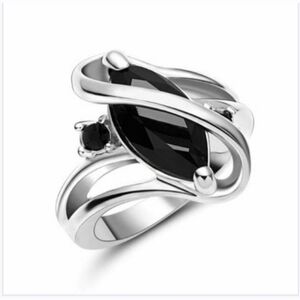 New Marquise Cut Black Sapphire White Gold Filled Ribbon Ring.